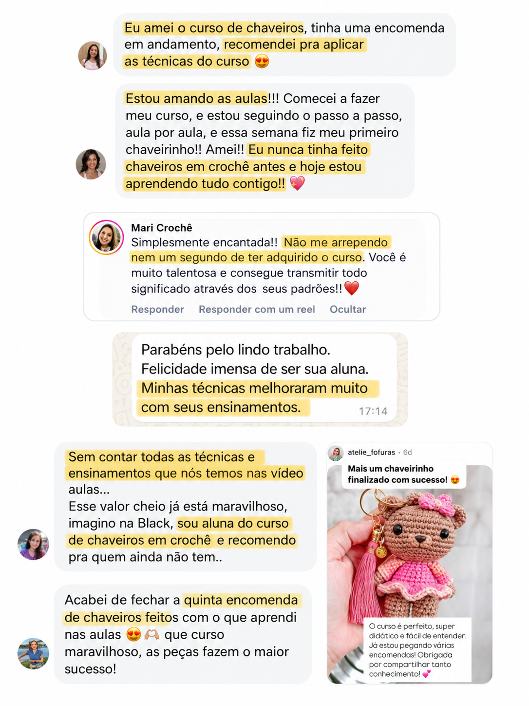 Depoimentos reais de alunas do curso de chaveiros amigurumi